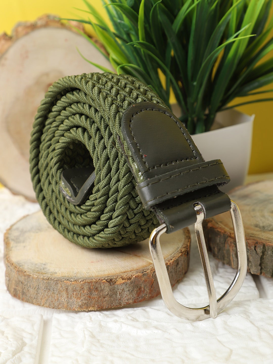 

The Mini NEEDLE Unisex Olive Green Braided Stretchable Canvas Belt