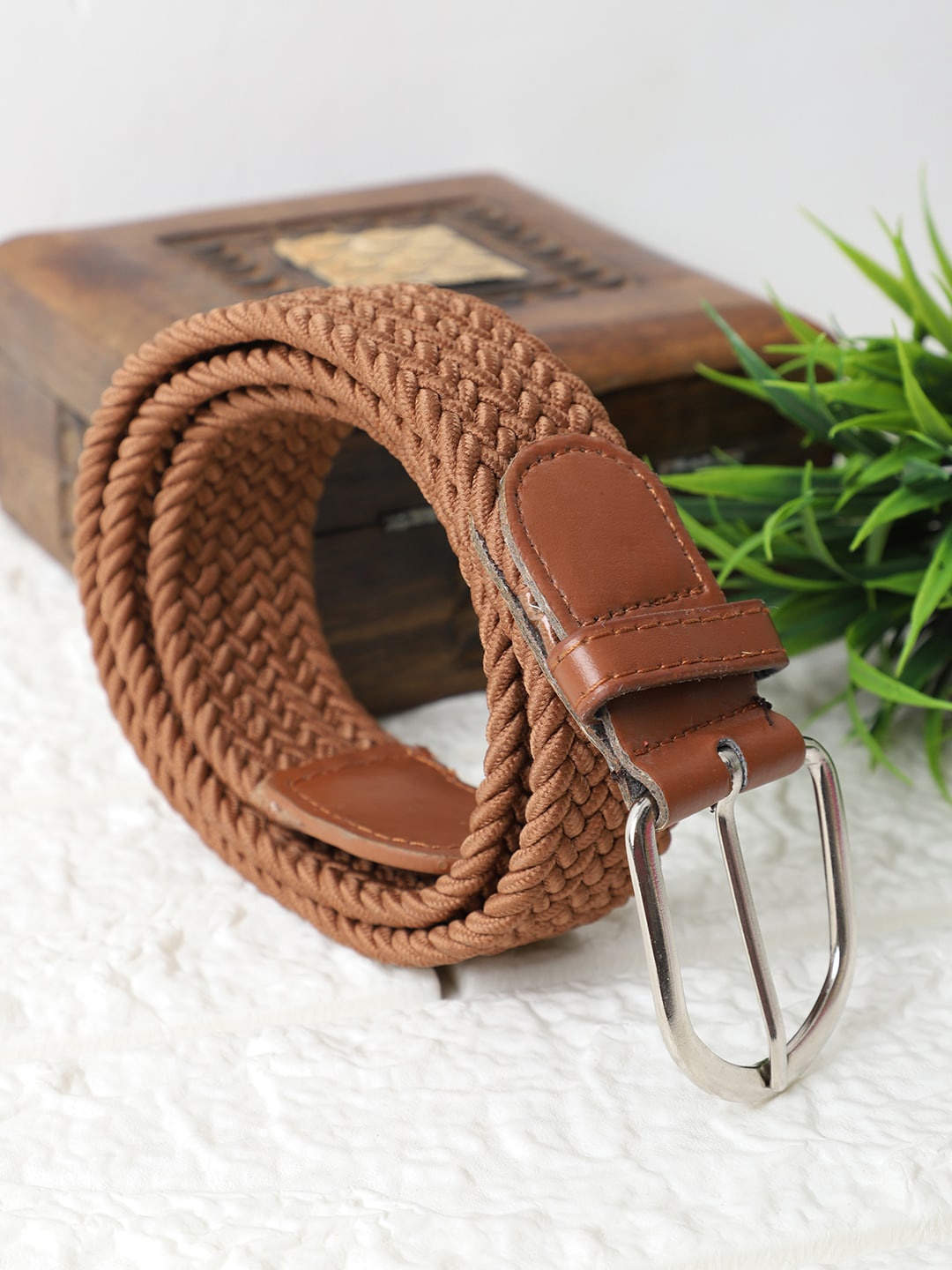 

The Mini NEEDLE Unisex Tan Brown Braided Stretchable Canvas Belt