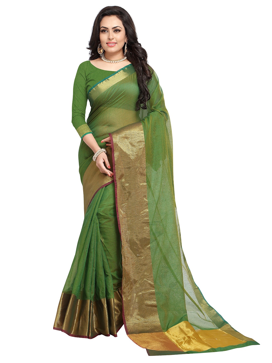 

Sidhidata Green & Gold-Toned Kota Doria Cottton Manipuri Saree