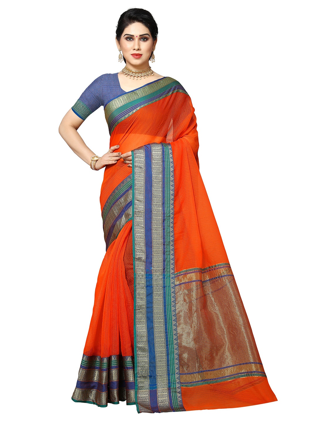 

Sidhidata Orange & Blue Woven Design Zari Kota Saree