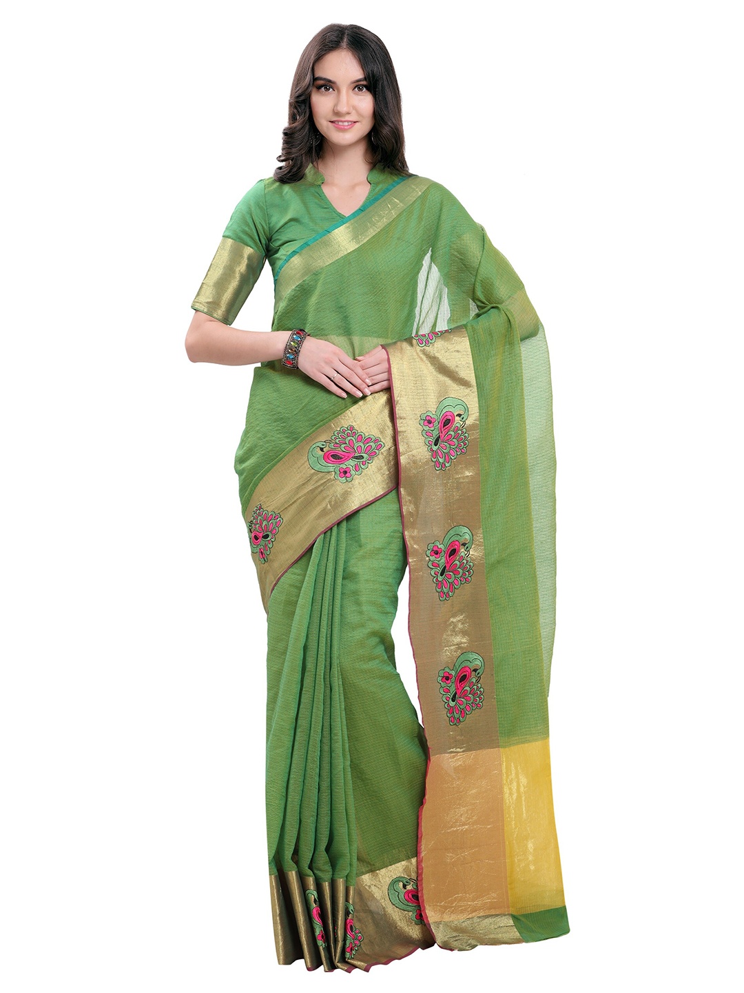 

Sidhidata Green & Pink Woven Design Zari Kota Saree