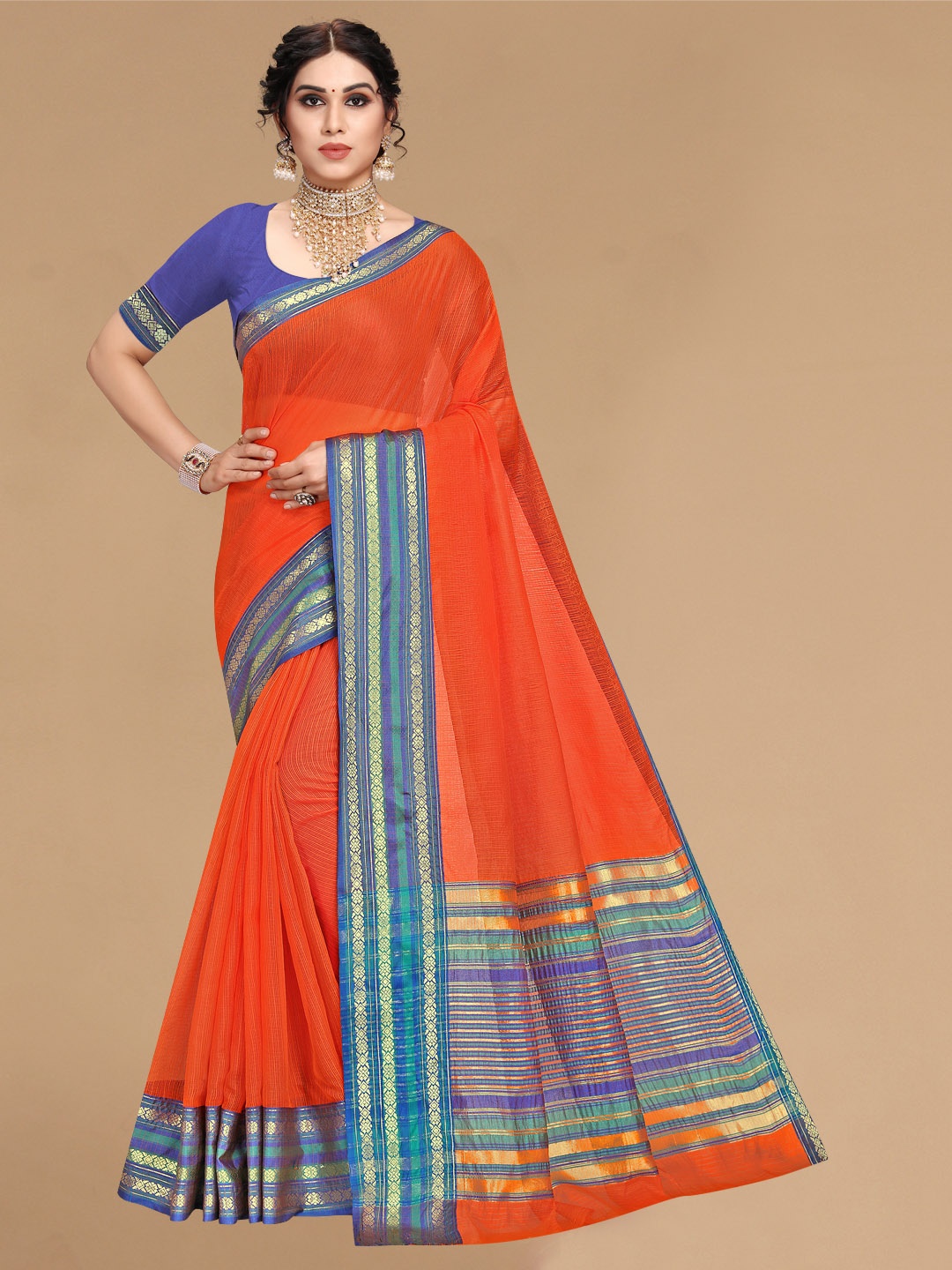 

Sidhidata Women Orange & Blue Woven Design Zari Kota Saree