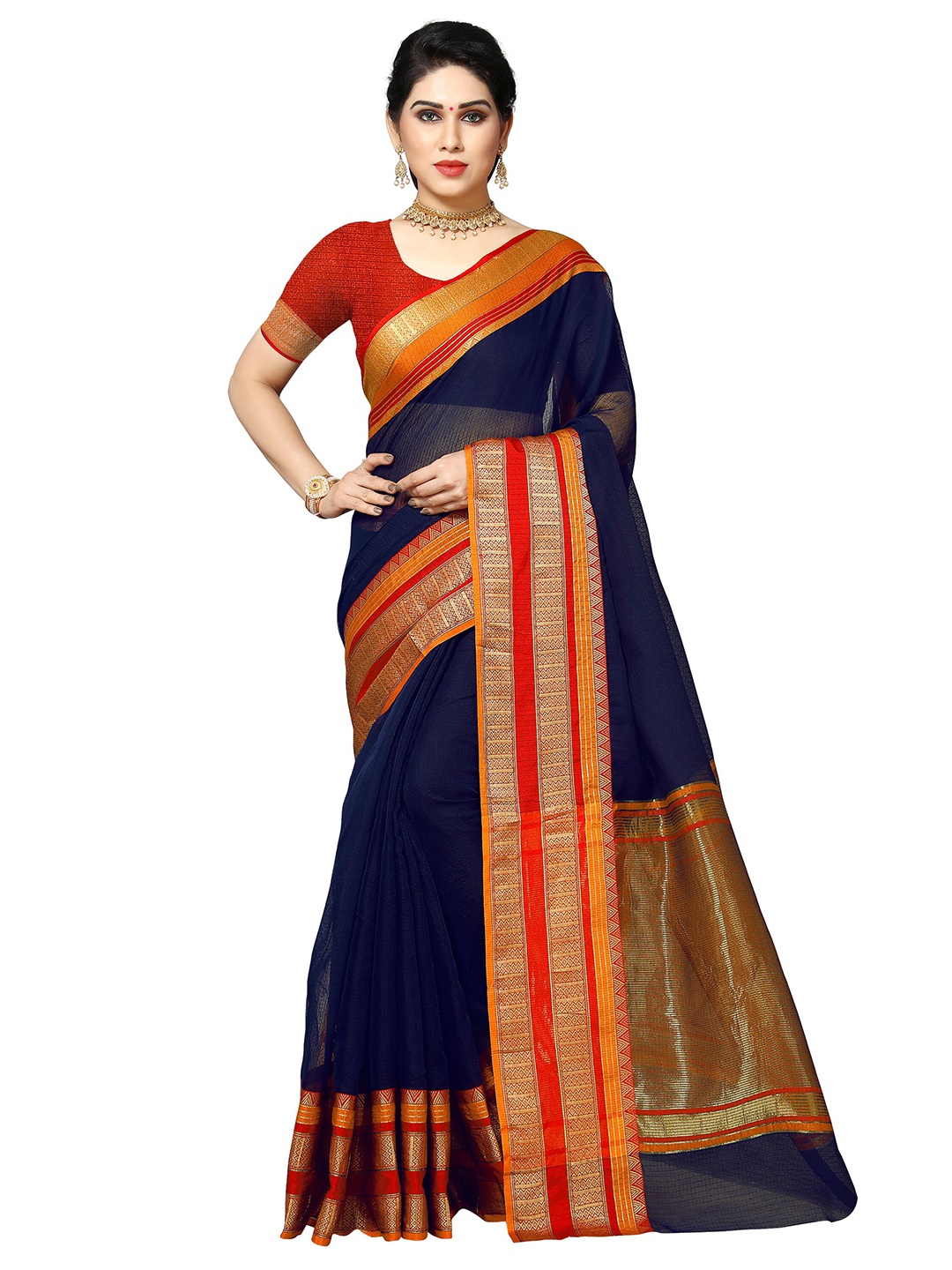 

Sidhidata Women Blue & Orange Woven Design Zari Kota Saree