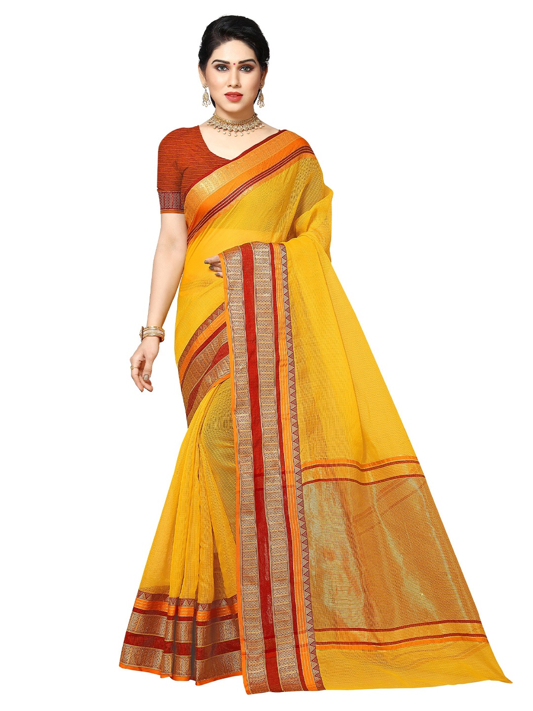 

Sidhidata Women Yellow & Red Woven Design Zari Kota Saree