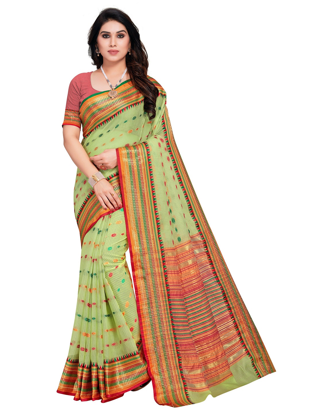 

Sidhidata Green & Gold-Toned Woven Design Zari Kota Saree