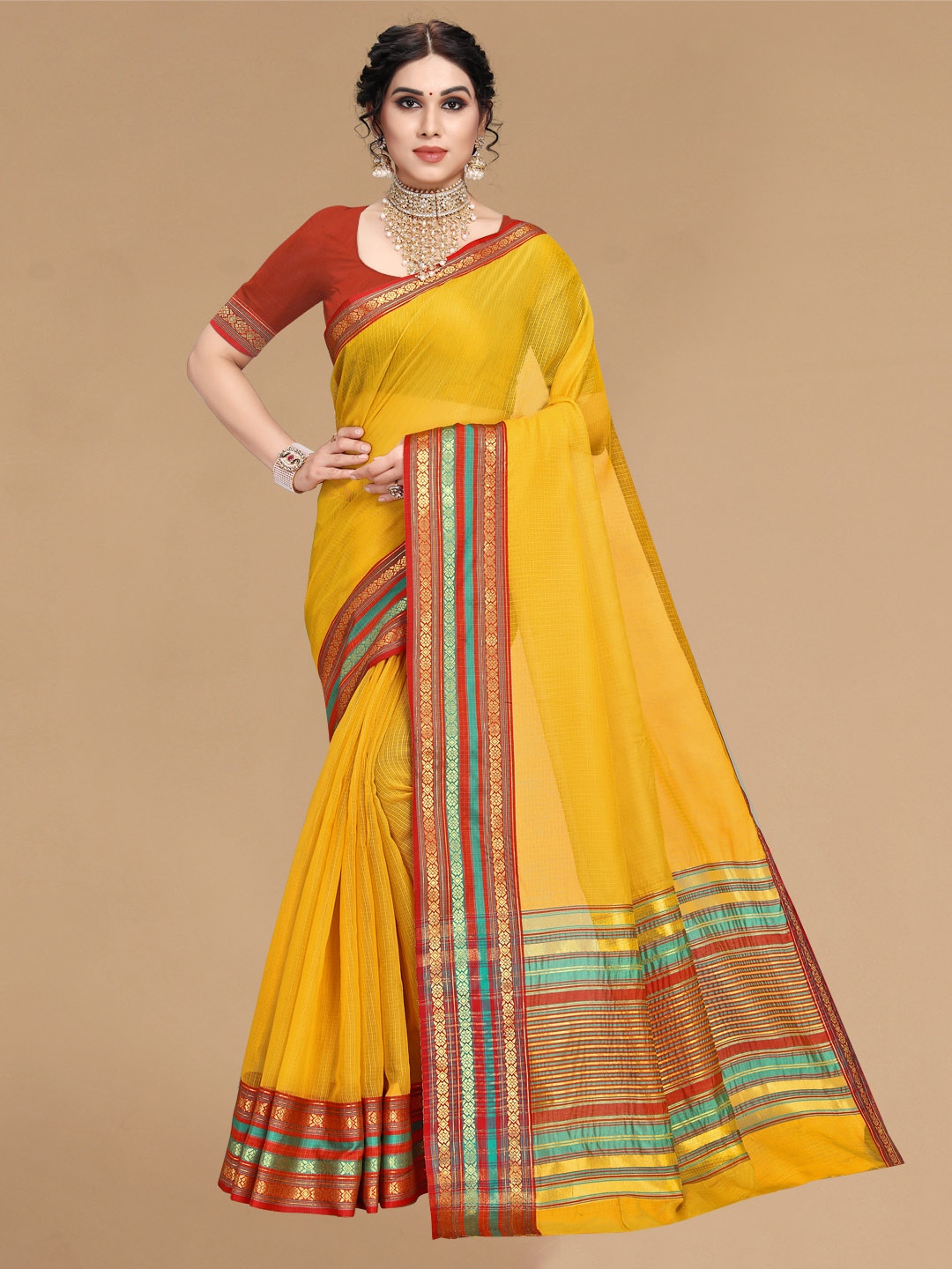 

Sidhidata Women Yellow & Red Kota Doria Cottton Manipuri Saree