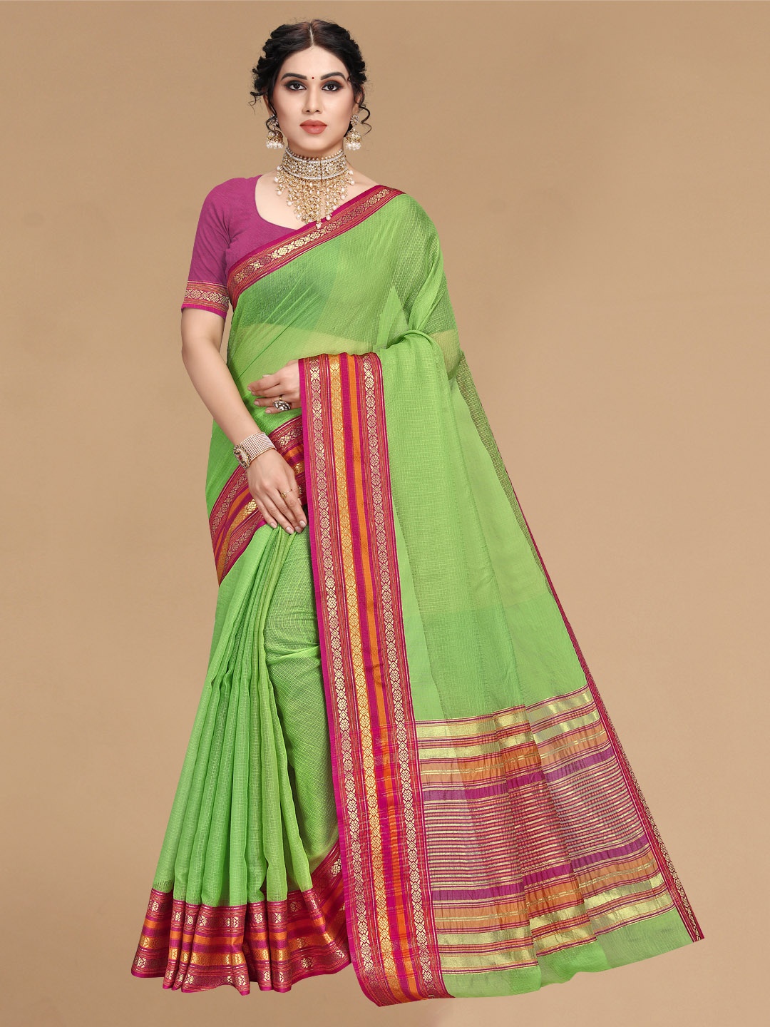 

Sidhidata Green & Pink Woven Design Zari Kota Saree