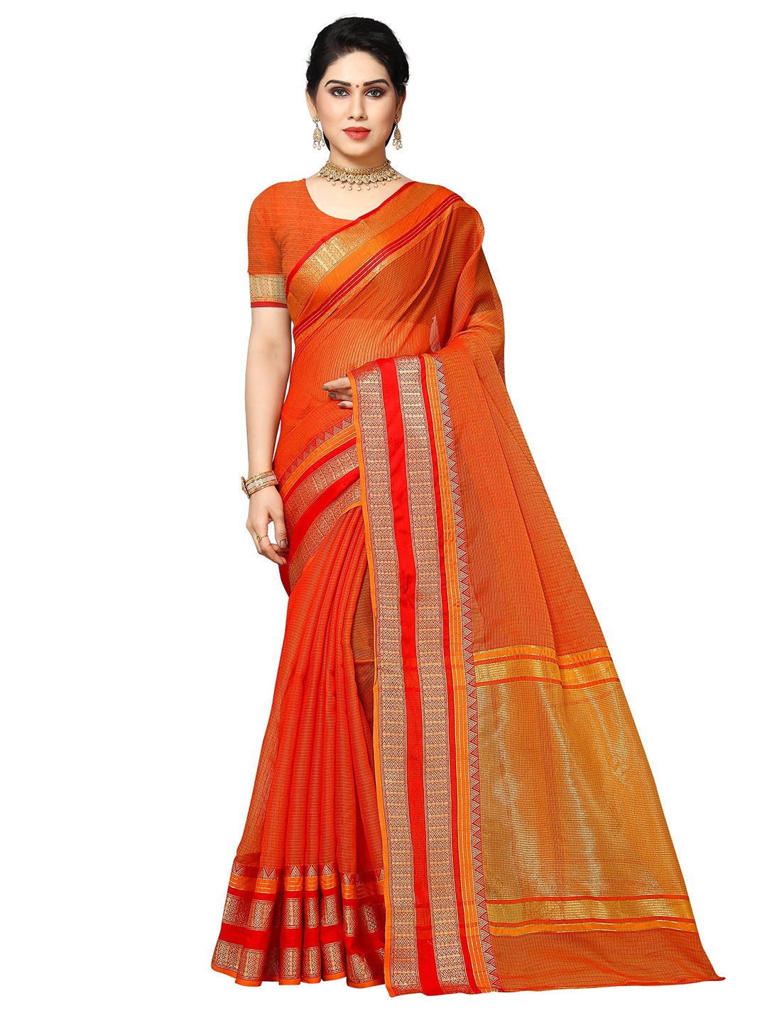 

Sidhidata Orange & Gold-Toned Woven Design Zari Kota Saree