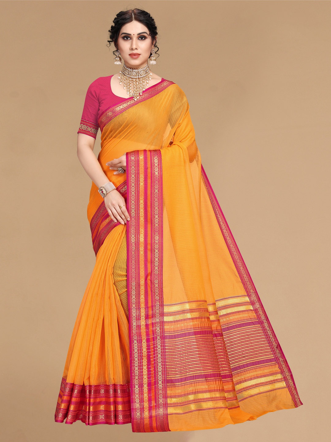

Sidhidata Mustard & Pink Woven Design Kota Saree