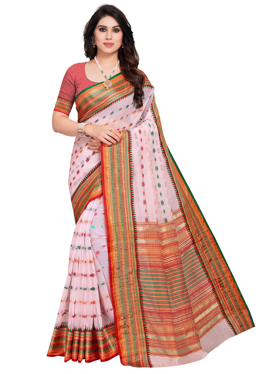 

Sidhidata Baby Coloured Kota Doria Cottton Manipuri Saree, White