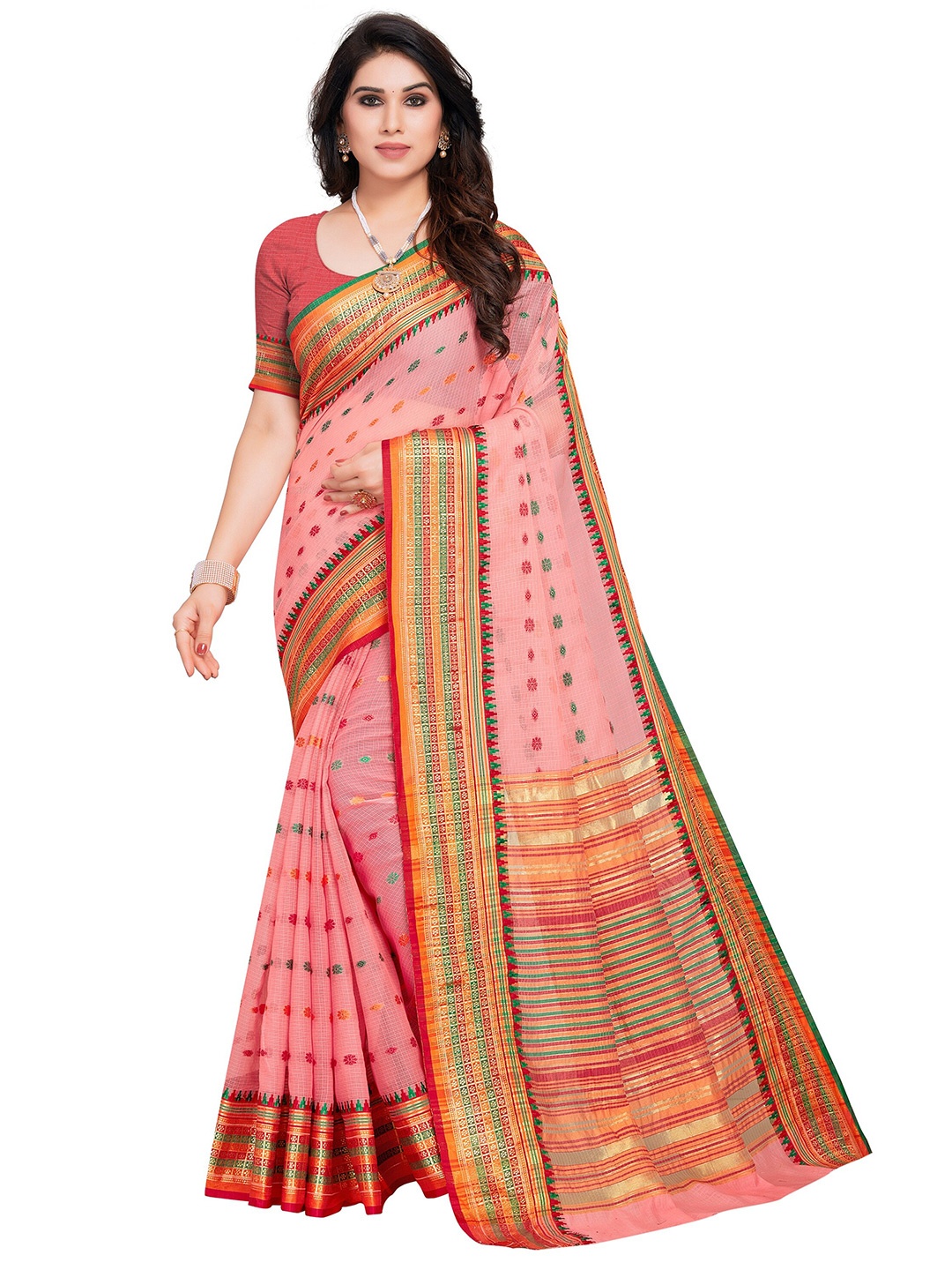 

Sidhidata Pink & Maroon Woven Design Zari Kota Saree