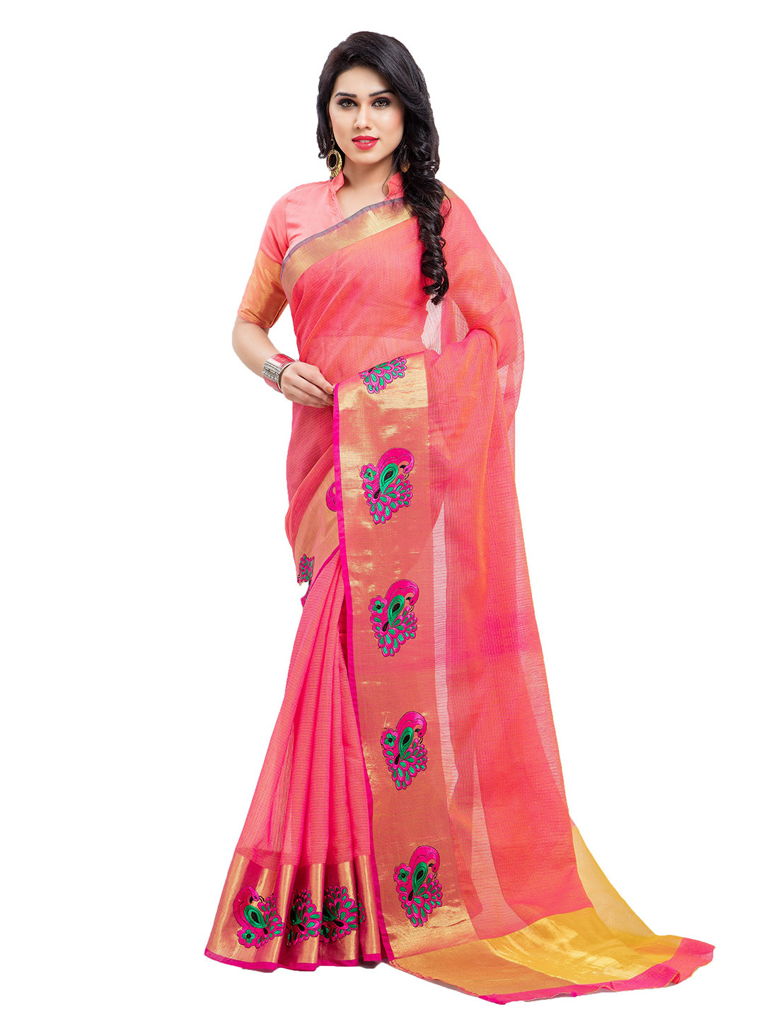 

Sidhidata Pink & Green Ethnic Motifs Embroidered Kota Saree