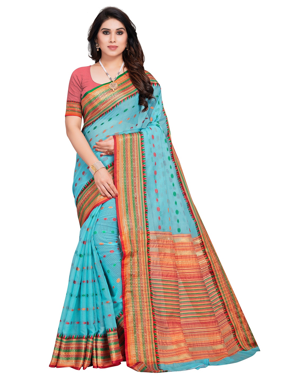 

Sidhidata Turquoise Blue & Red Woven Design Zari Kota Saree