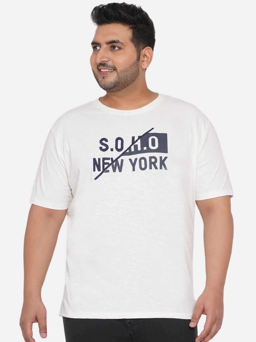 

Santonio Men White Typography Printed Raw Edge Plus Size Purr Cotton T-shirt