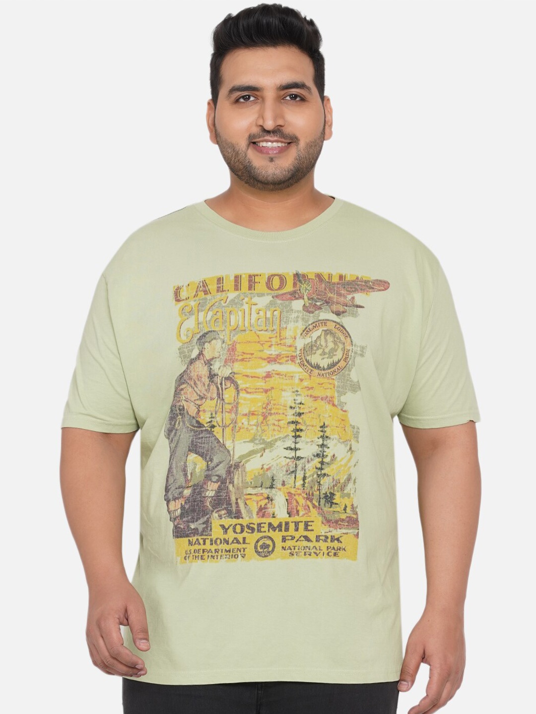 

Santonio Men Green Printed Raw Edge Plus Size Pure Cotton T-shirt