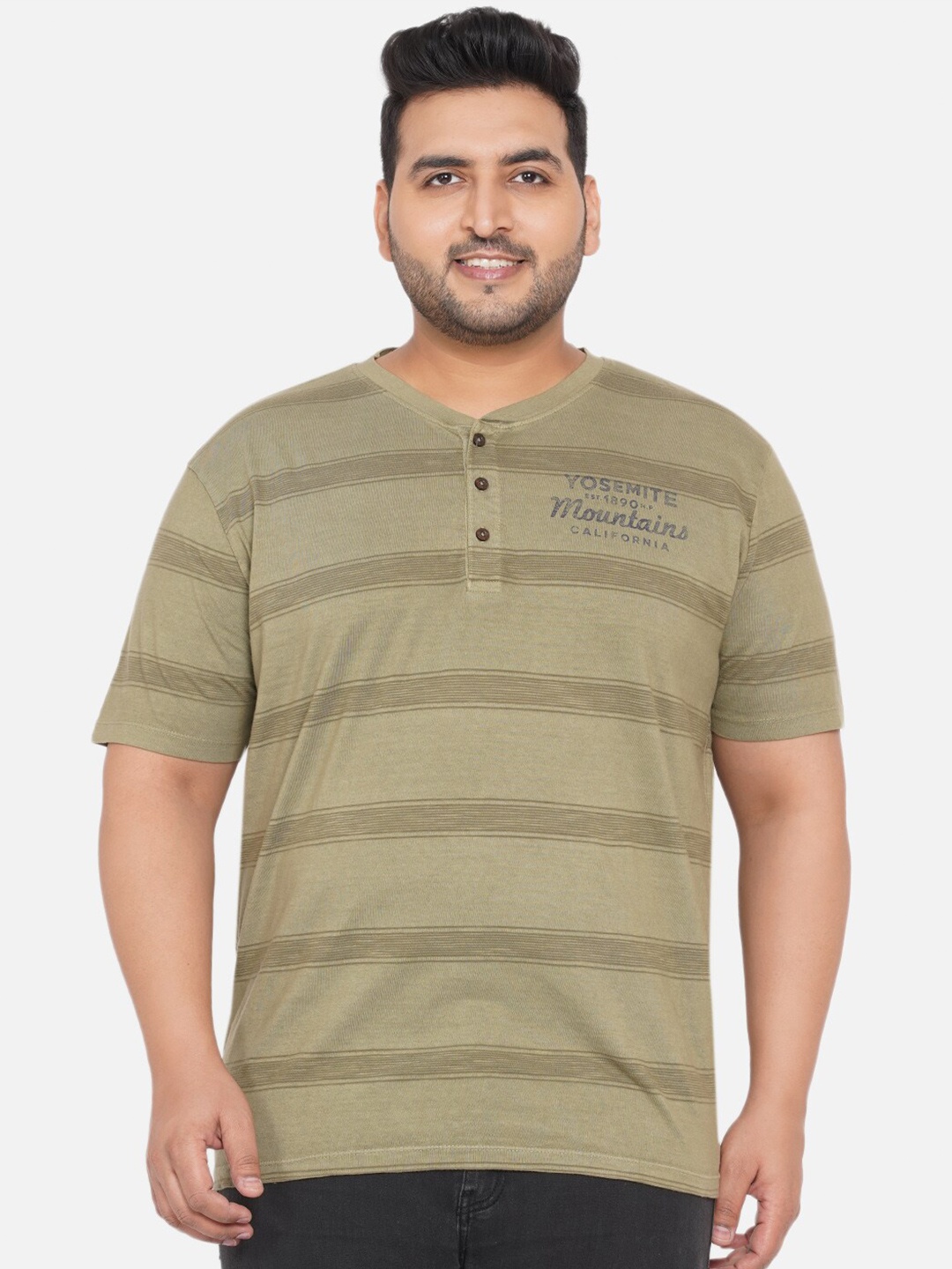 

Santonio Plus Size Men Green Striped Henley Neck T-shirt