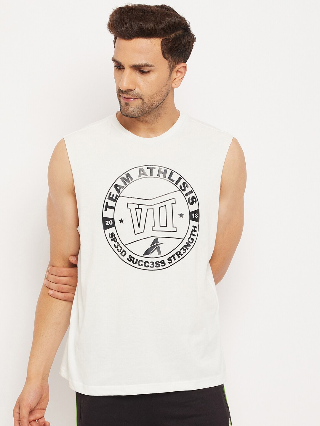 

ATHLISIS Men White Typography Printed Bio Finish Applique T-shirt