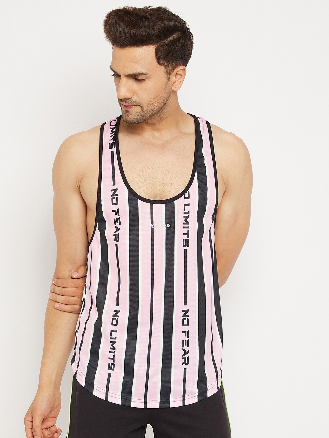 

ATHLISIS Men Pink Striped Gym T-shirt