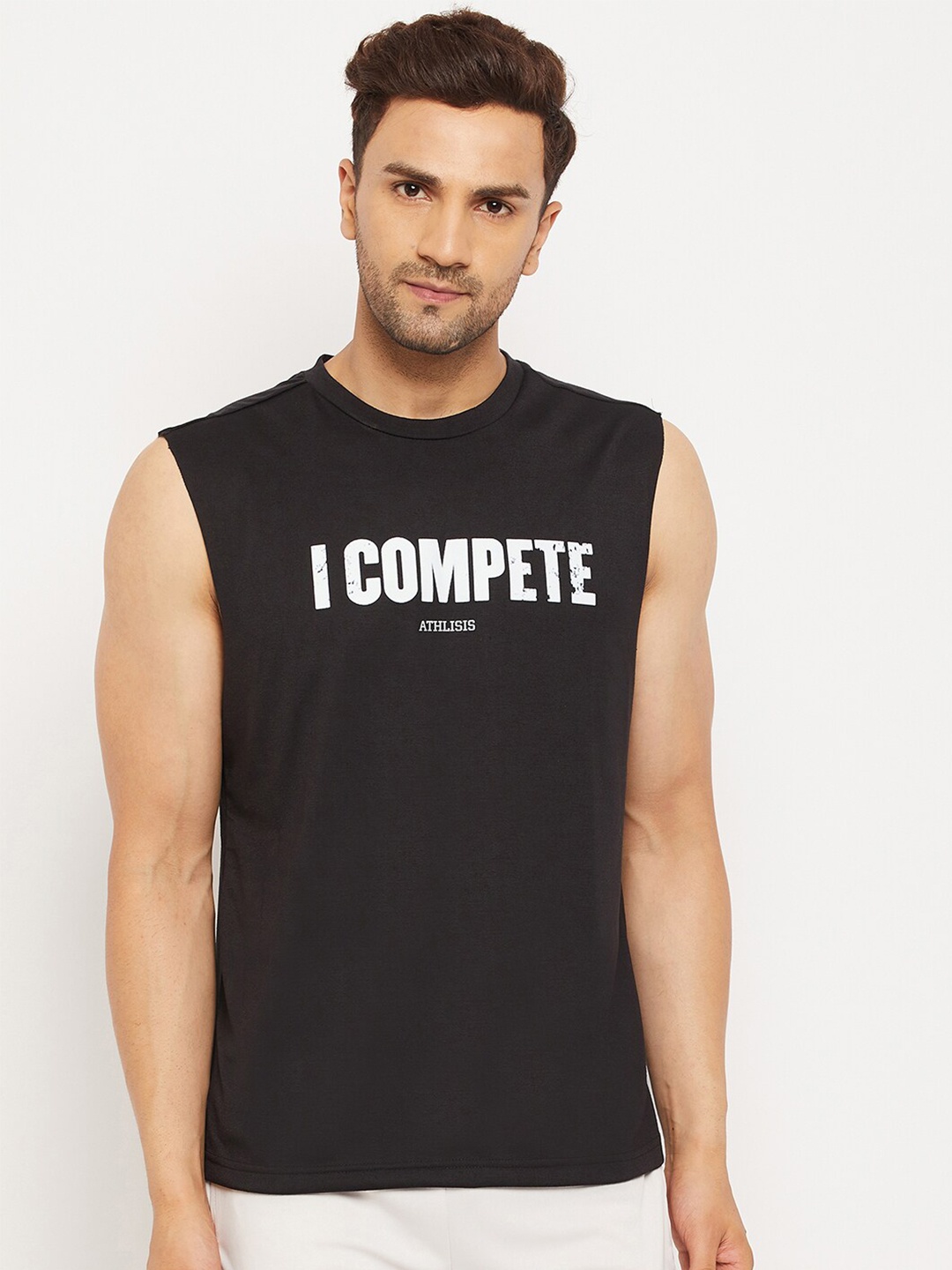 

ATHLISIS Men Black Typography Printed Bio Finish Applique T-shirt