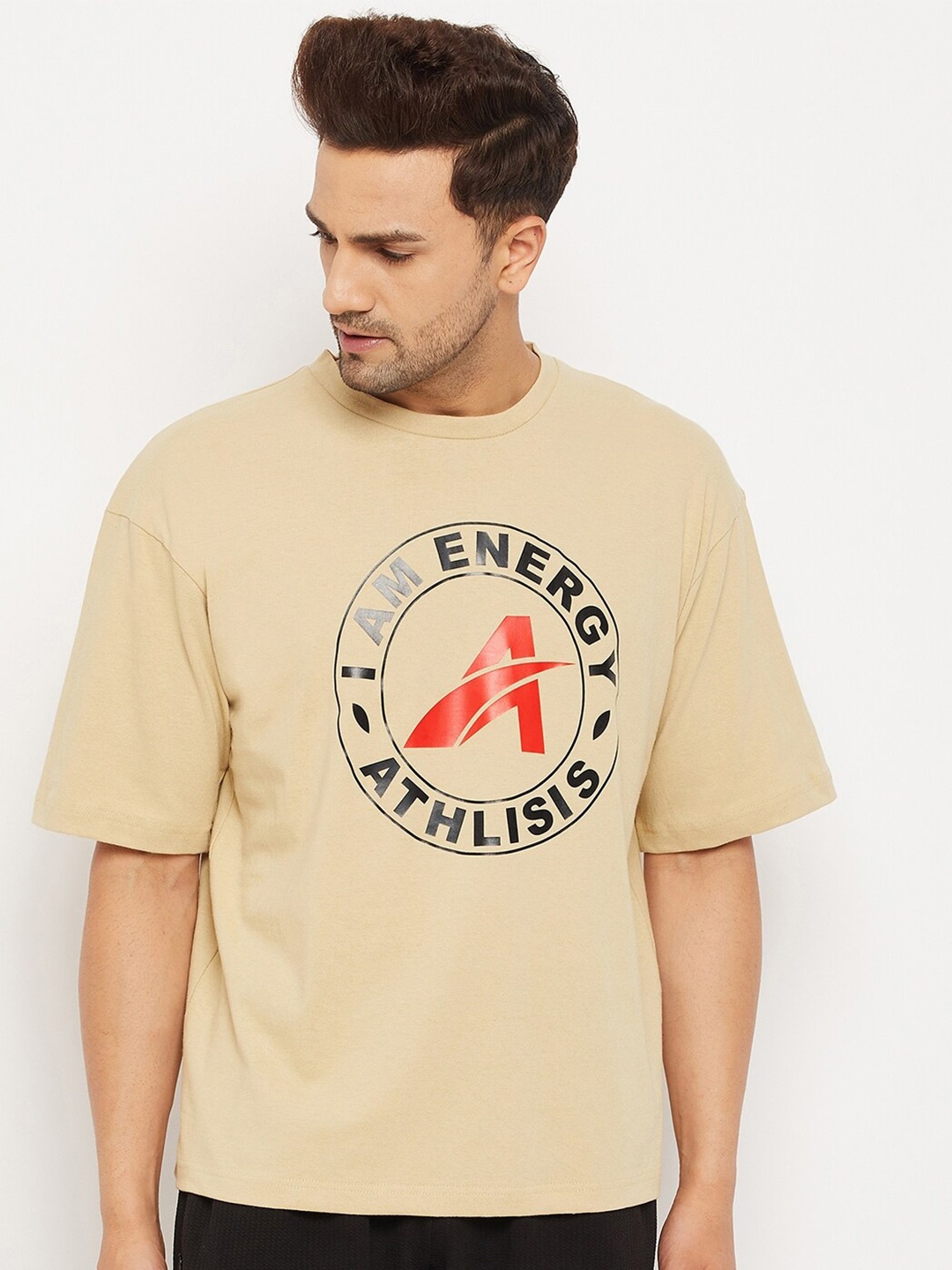 ATHLISIS Men Beige Typography Printed Bio Finish Oversized Pure Cotton T-shirt