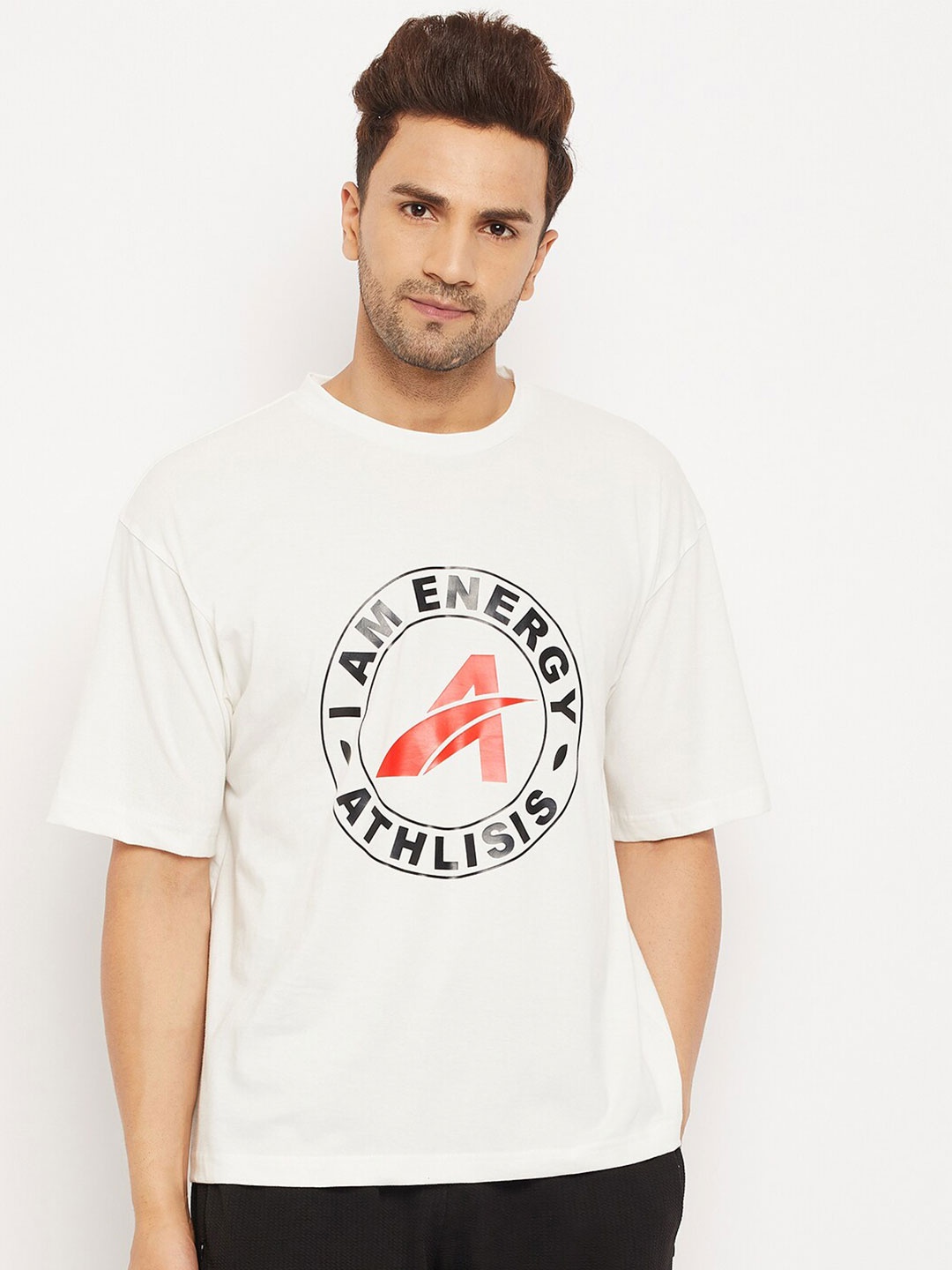 

ATHLISIS Men White & Red Typography Printed Bio Finish Applique Oversized T-shirt