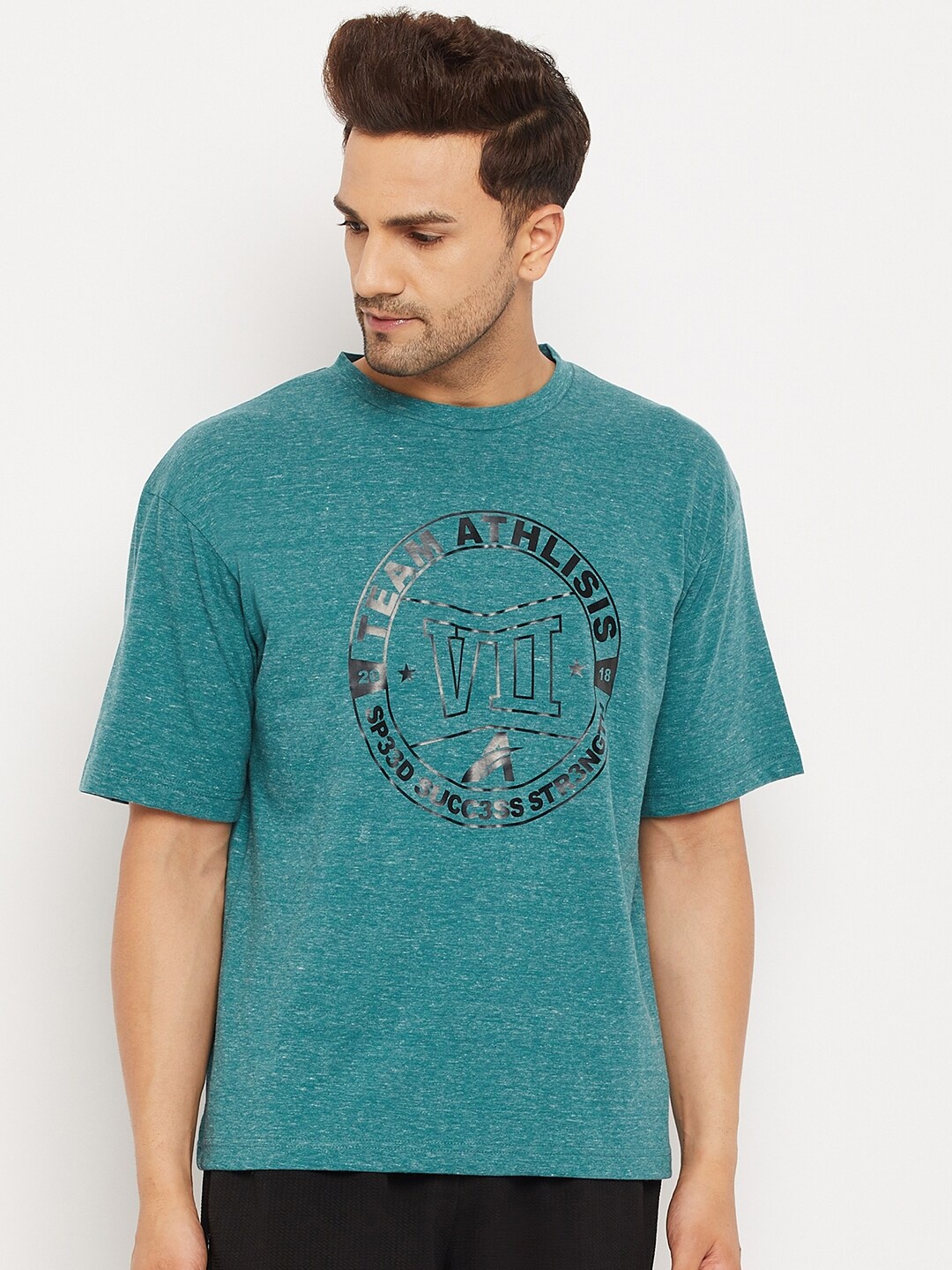 ATHLISIS Men Teal Typography Printed Bio Finish Oversized T-shirt