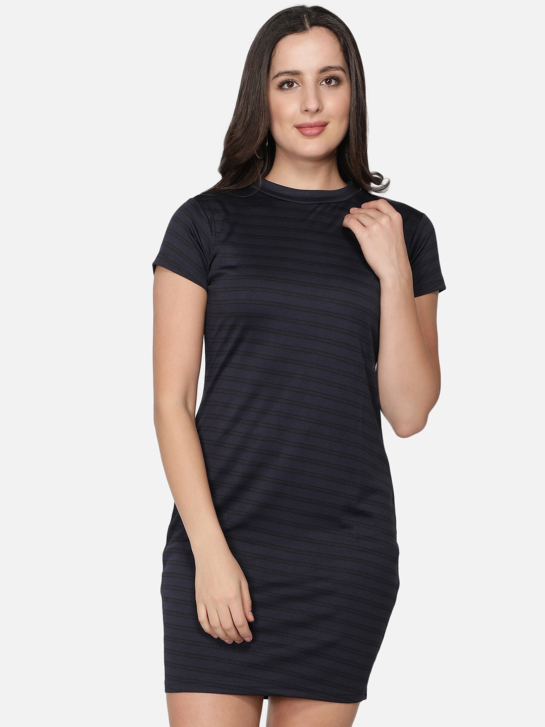 

Sonex Gold Navy Blue Striped Sheath Dress