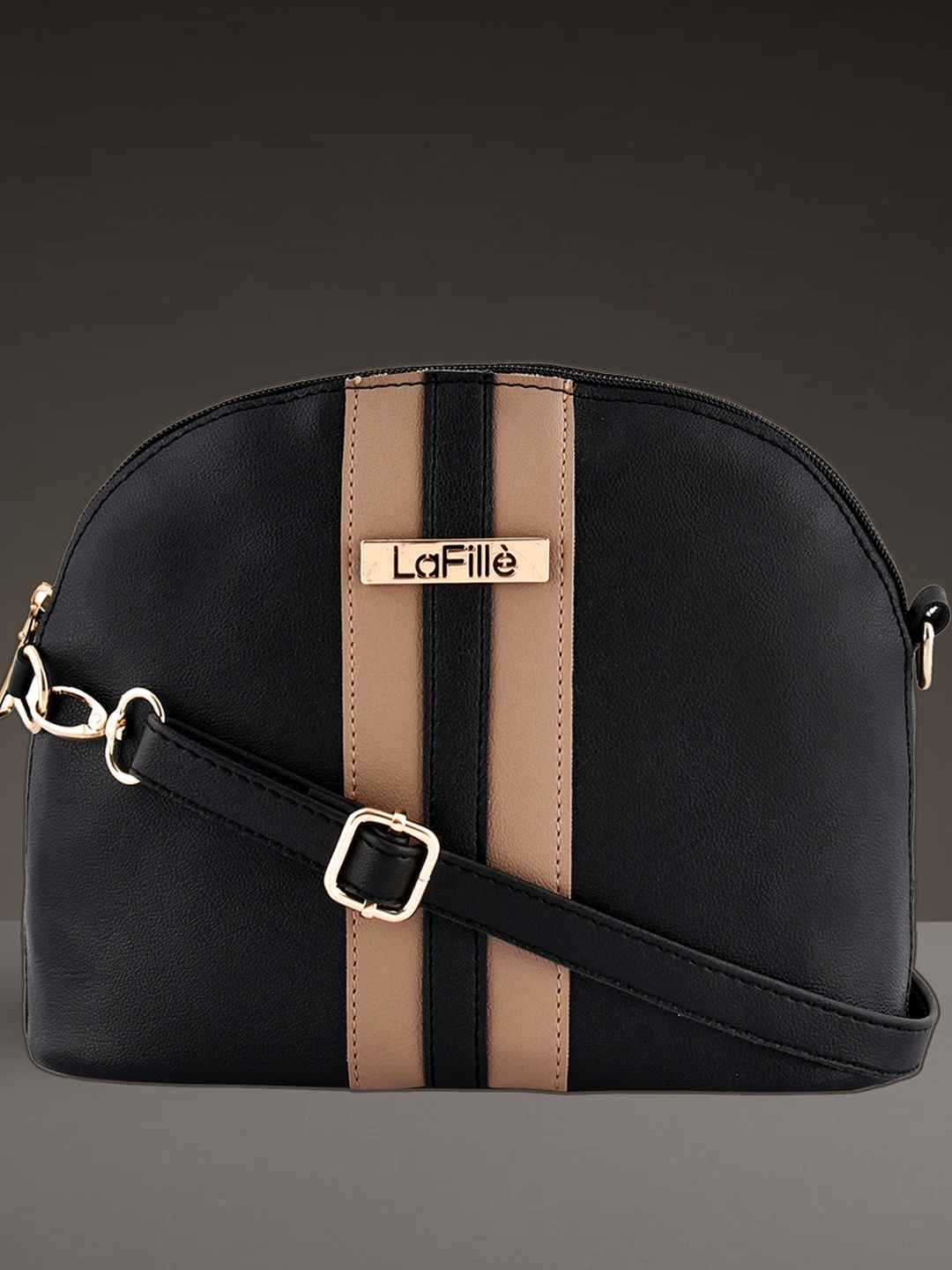 

LaFille Women Black Striped PU Structured Sling Bag with Tasselled