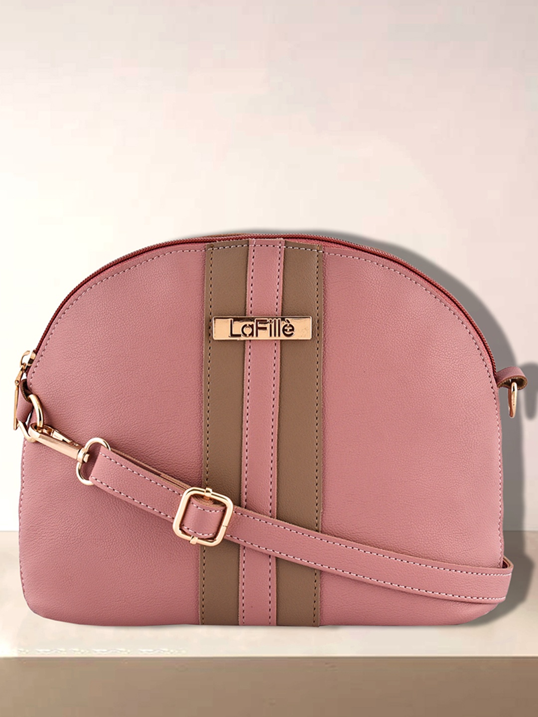 

LaFille Peach-Coloured Striped PU Half Moon Sling Bag