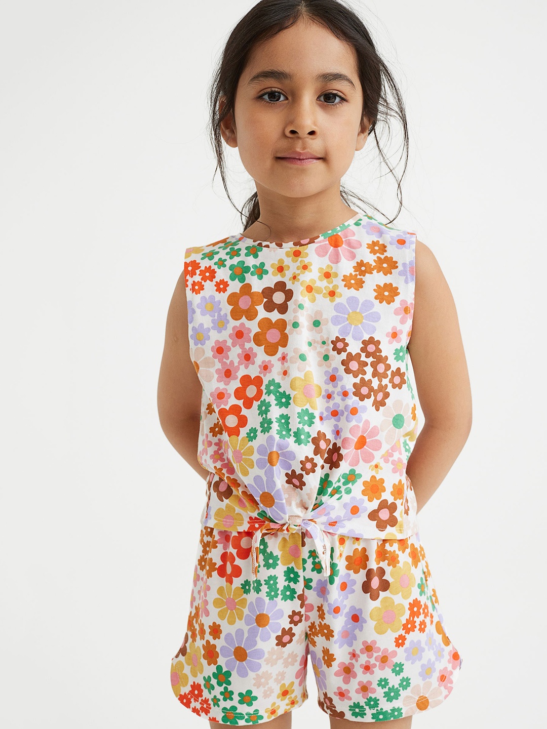 

H&M Girls White & Sea Green Printed Top with Shorts
