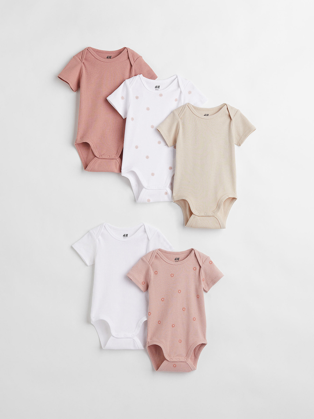

H&M Boys Pack Of 5 Printed Cotton Bodysuit, Beige