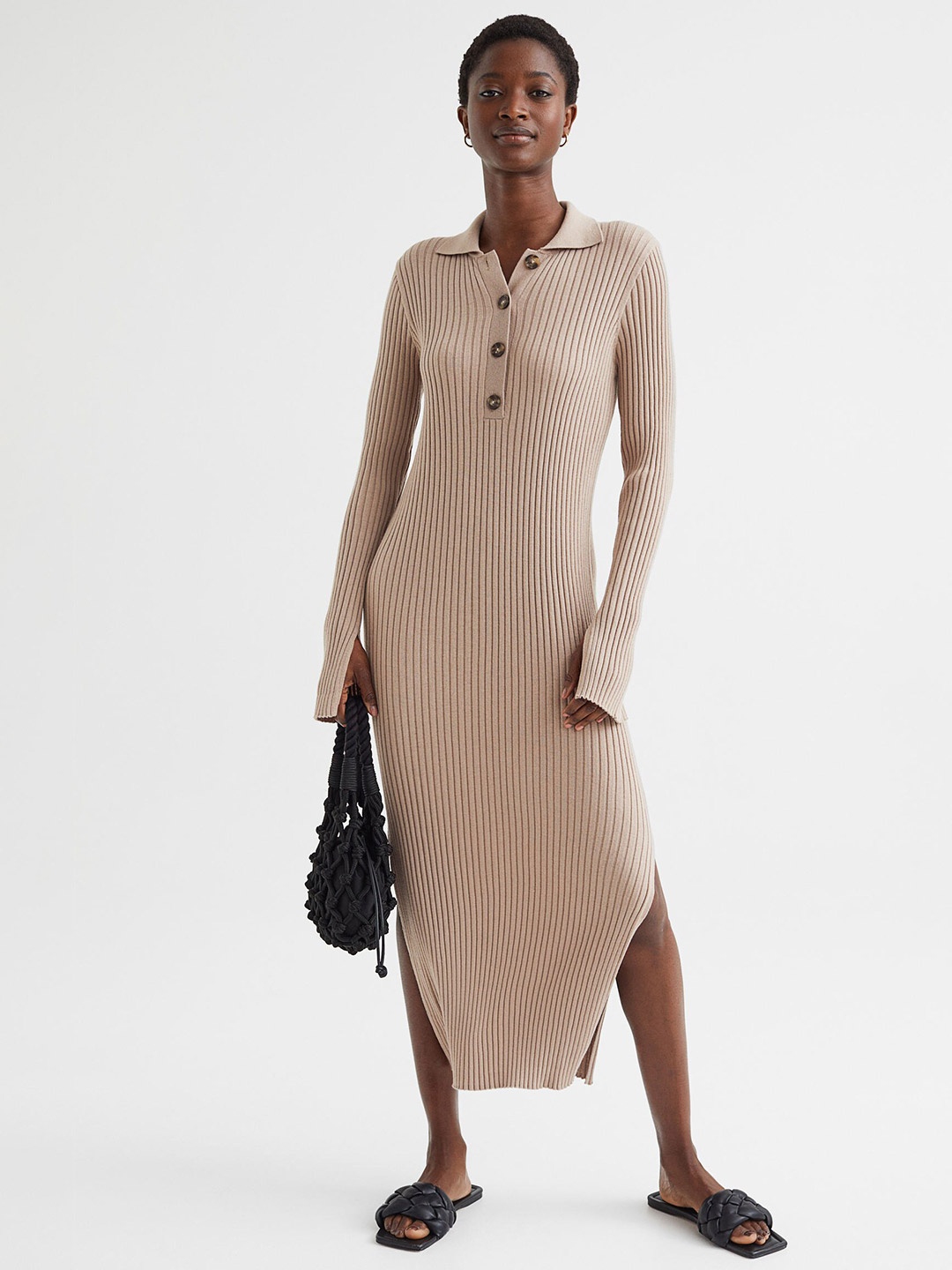 

H&M Women Beige Solid Collared Rib-Knit Dress