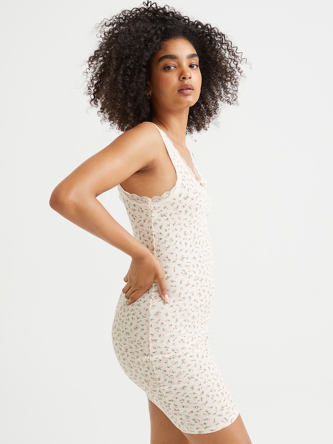 

H&M Women Beige Lace-Trimmed Ribbed Dress