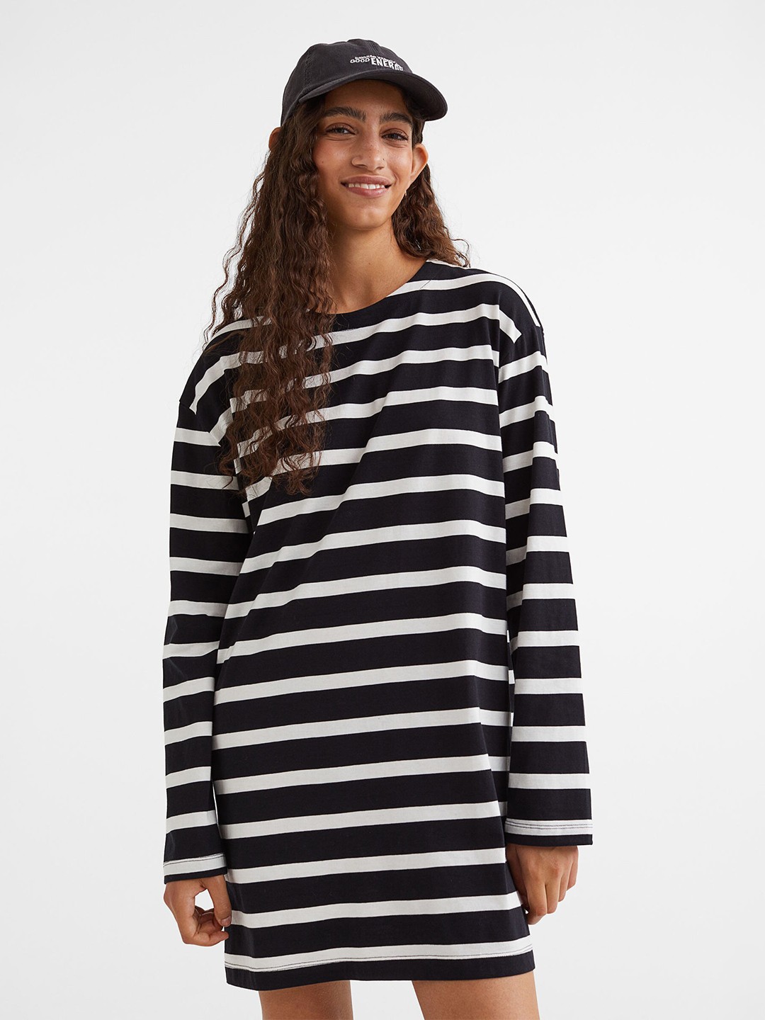 

H&M Women Black & White Long-Sleeved Cotton Dress
