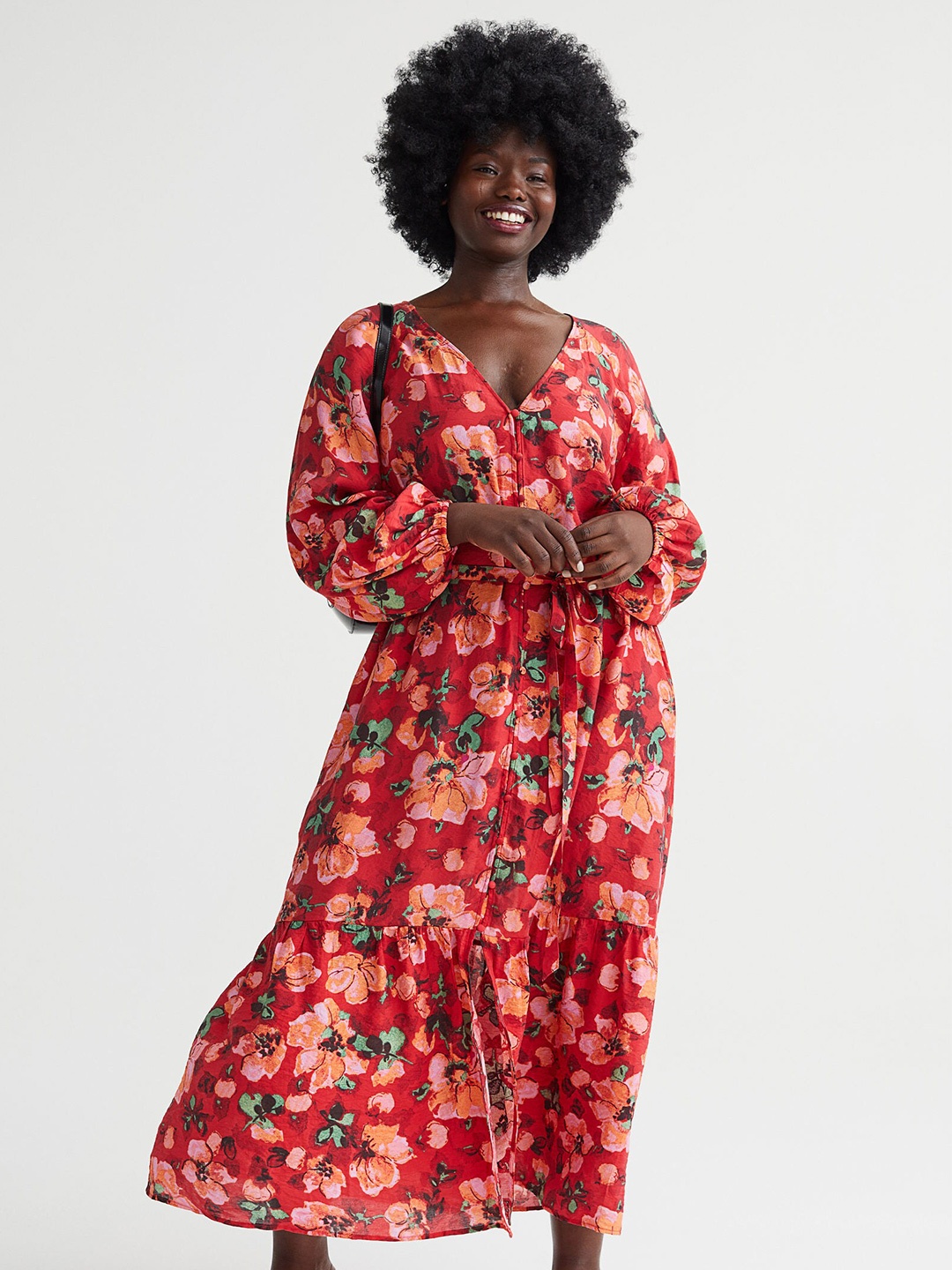 

H&M Red & Multicoloured Floral Tie-Belt Drop-Waist Midi Dress