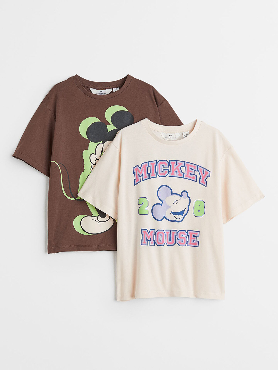 

H&M Girls 2-Pack Oversized Mickey Mouse Printed T-shirts, Beige