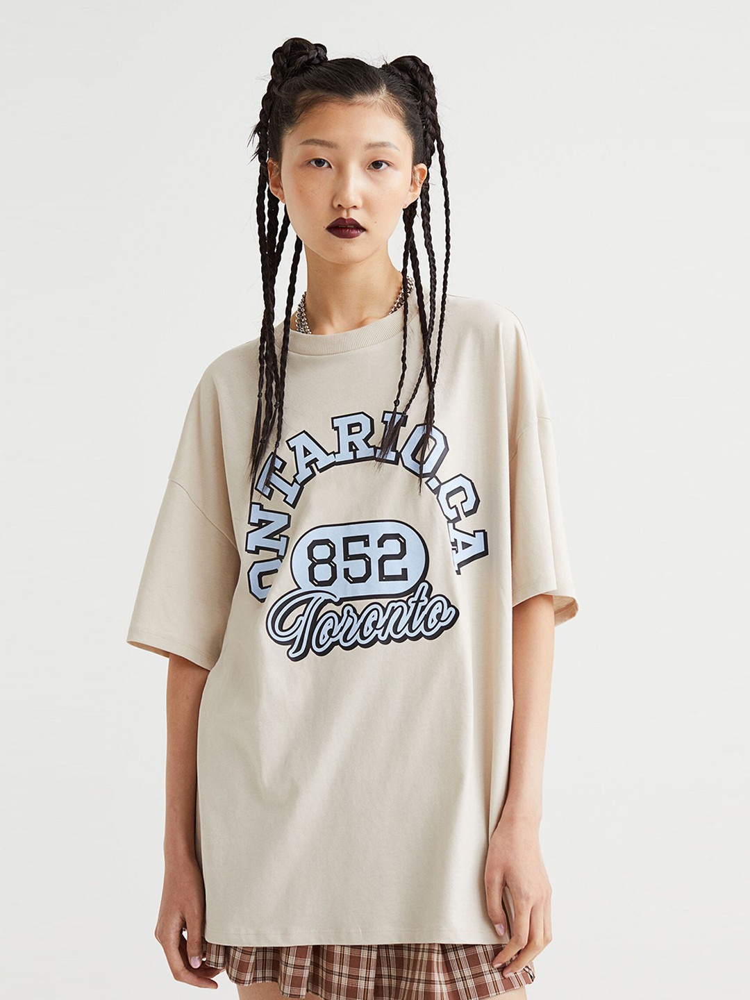 

H&M Women Beige Oversized Printed T-Shirt