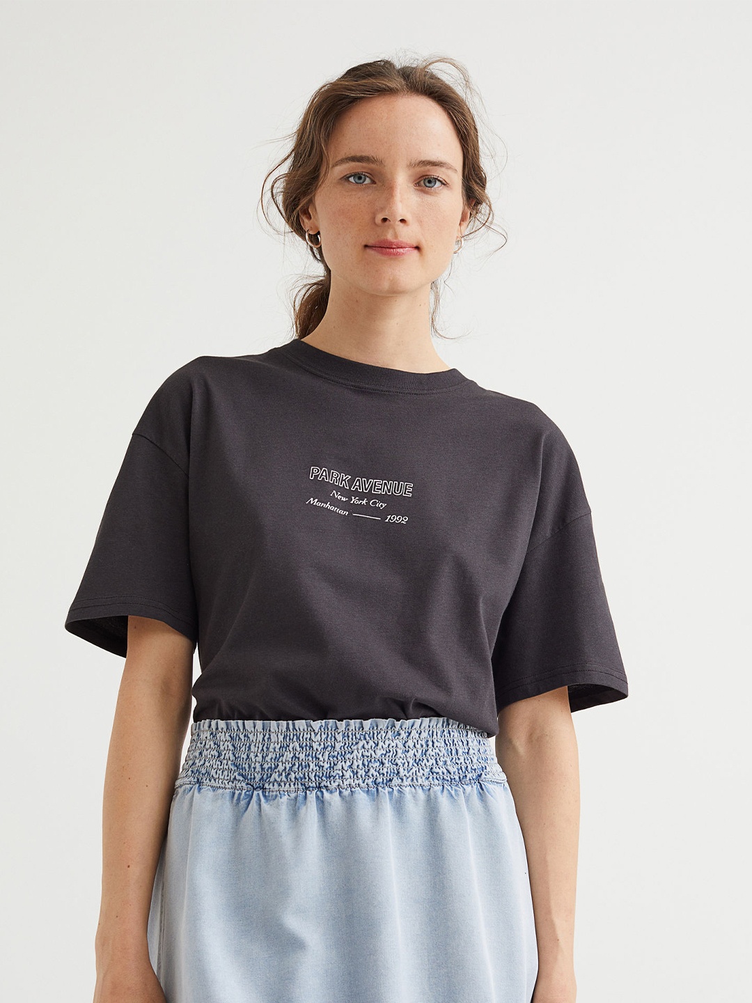 

H&M Women Charcoal Grey Printed T-shirt