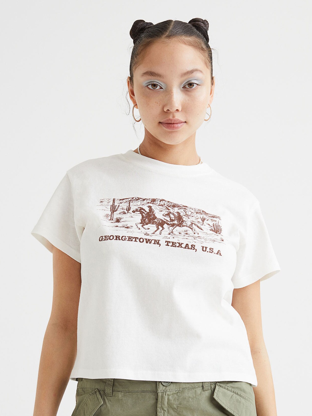 

H&M Women White Printed Cotton T-shirt