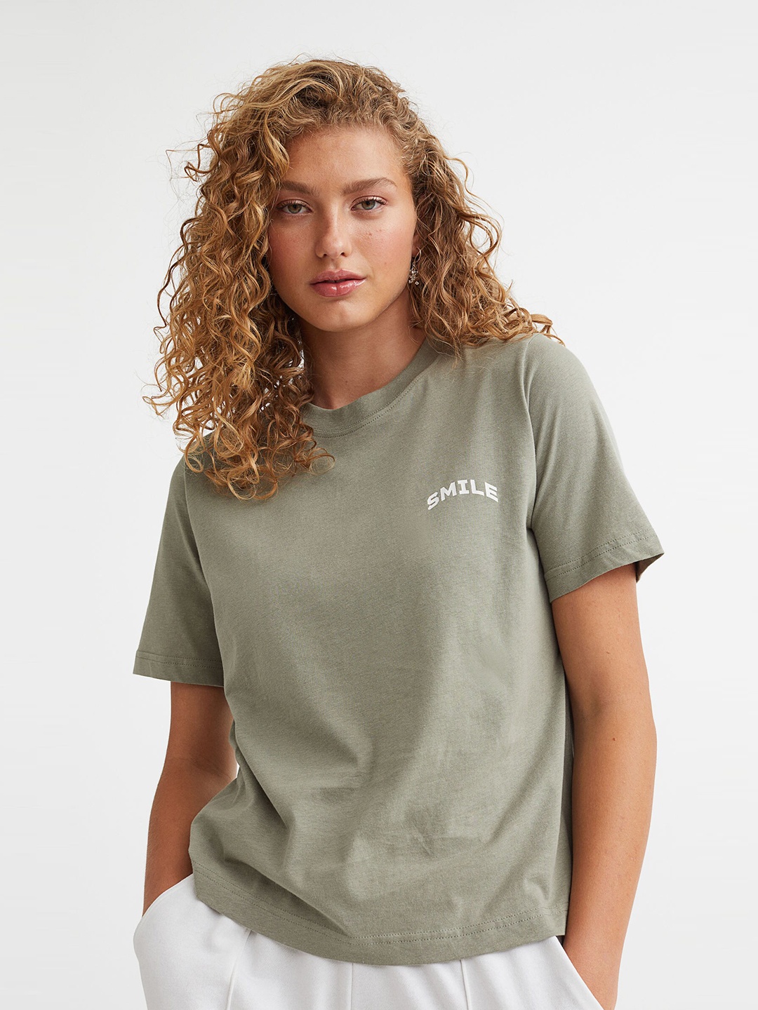 

H&M Women Green Typography Pure Cotton T-shirt
