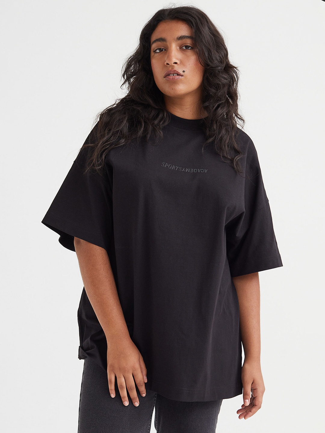 

H&M Women Black Printed Cotton Oversized T-shirt