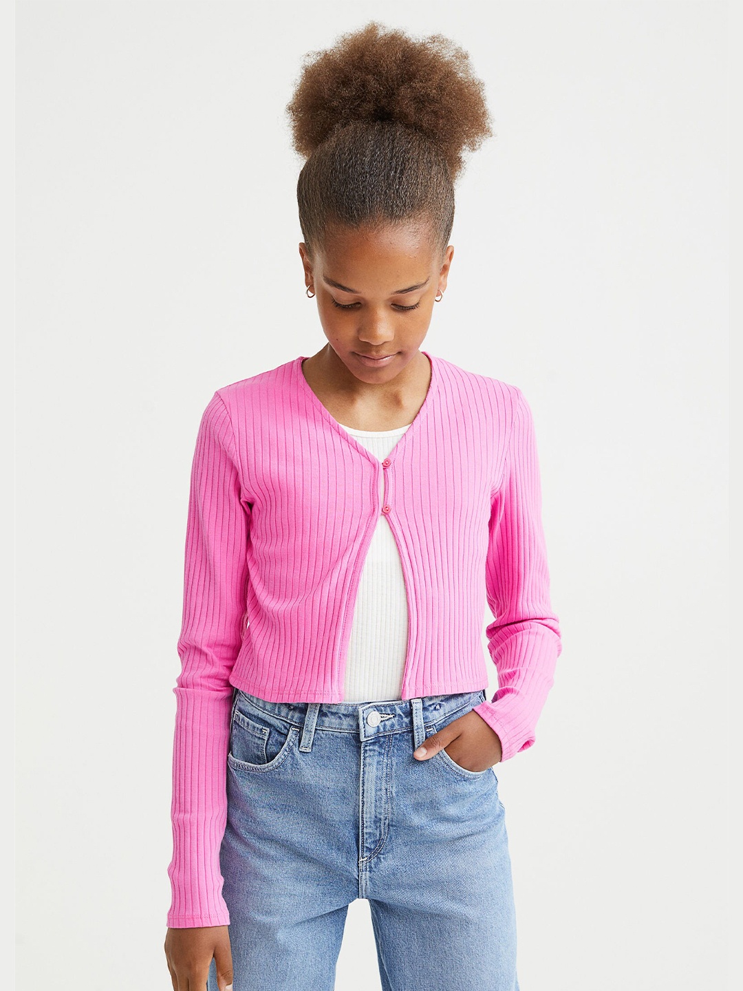 

H&M Girls Pink Ribbed Cotton Jersey Cardigan