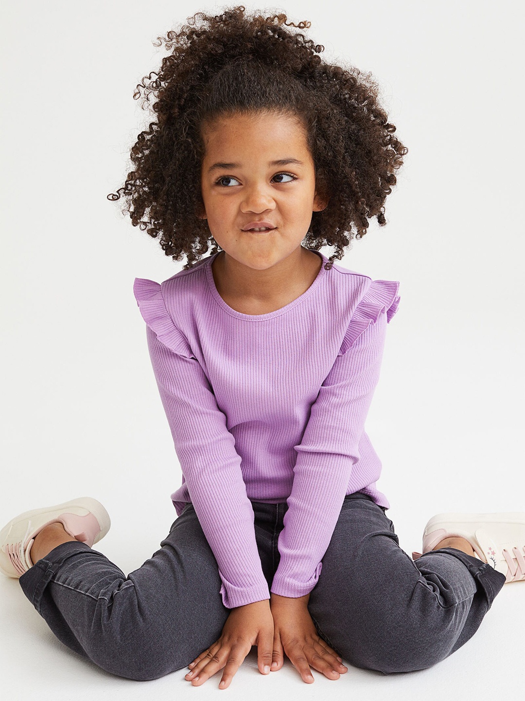 

H&M Girls Purple Flounce-Trimmed Ribbed Top