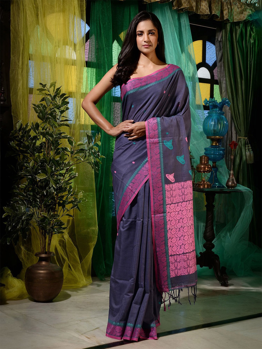 

Charukriti Purple & Pink Woven Design Pure Cotton Saree
