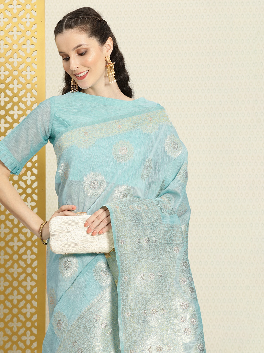 

House of Pataudi Turquoise Blue & Silver-Toned Ethnic Motifs Zari Silk Blend Saree