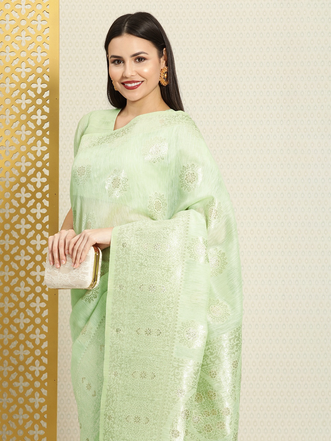 

House of Pataudi Lime Green & Silver-Toned Ethnic Motif Zari Woven Silk Blend Saree