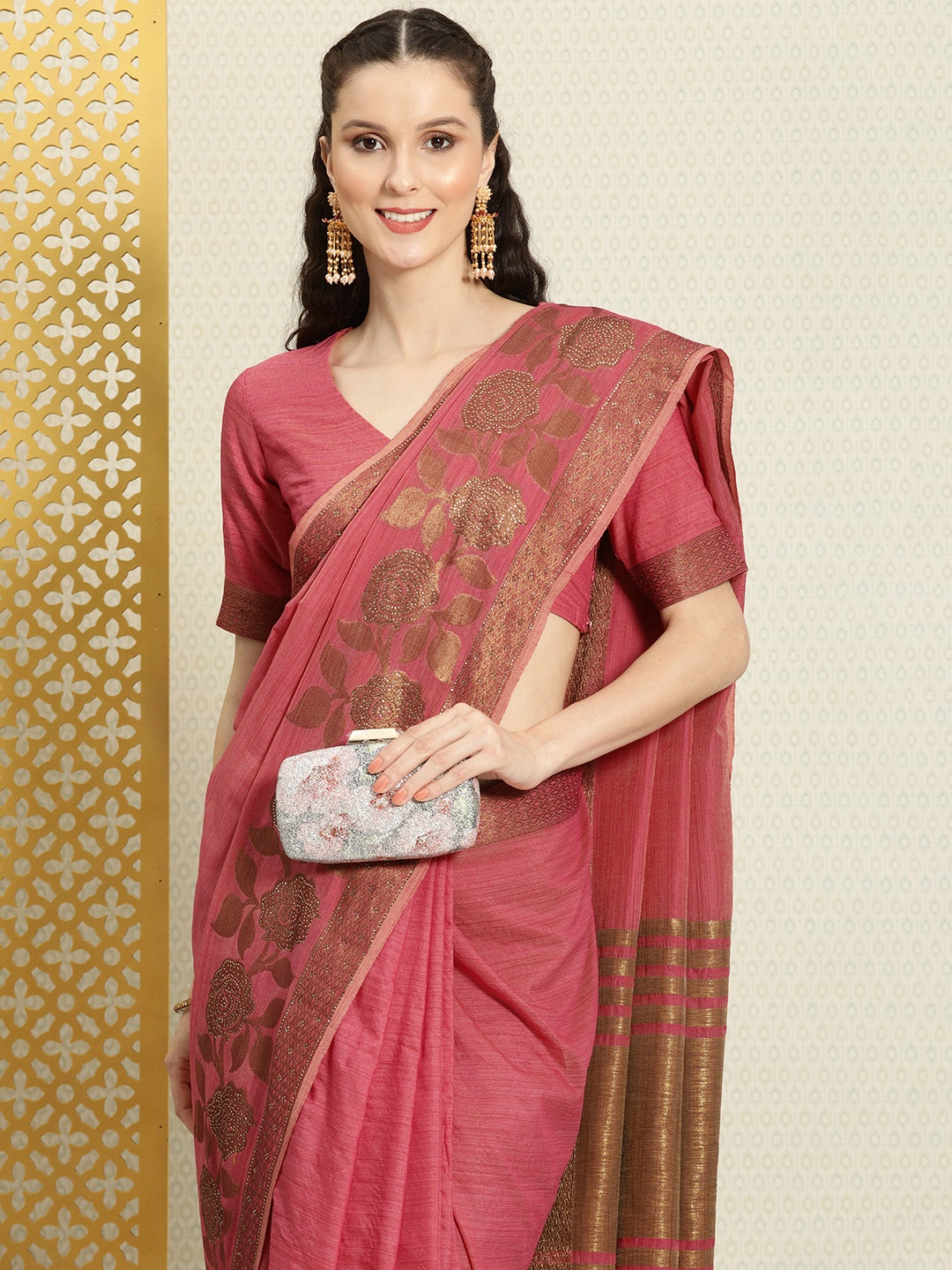 

House of Pataudi Pink & Gold-Toned Floral Zari Silk Blend Saree