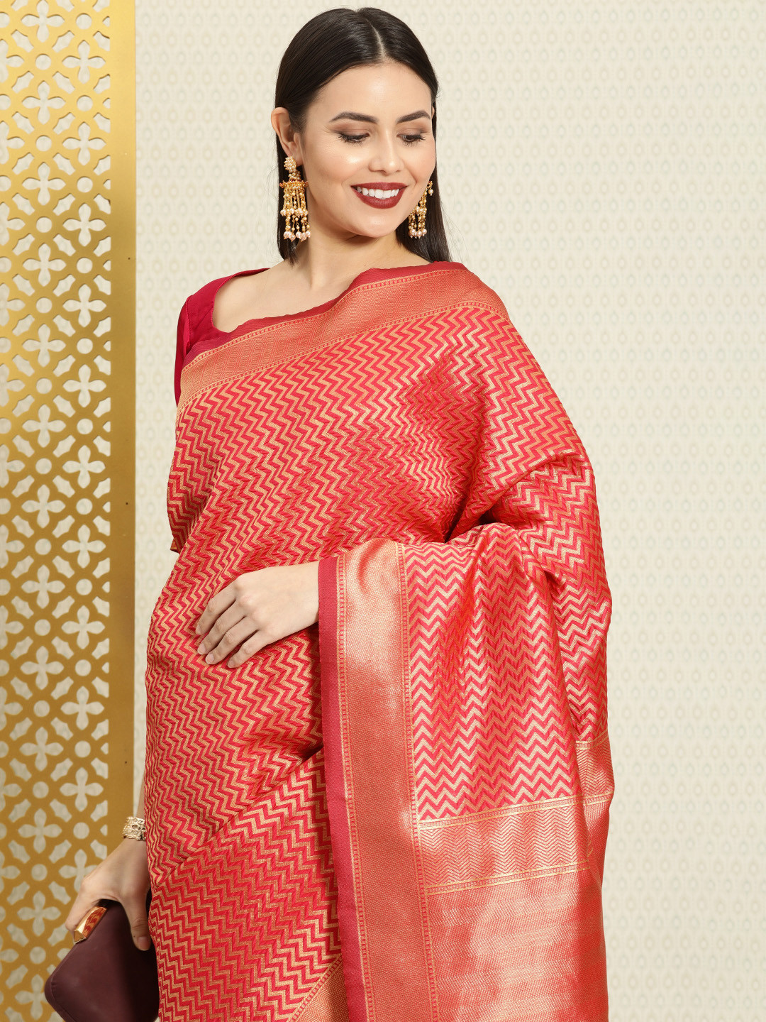 

House of Pataudi Fuchsia Pink & Golden Zari Silk Blend Banarasi Saree