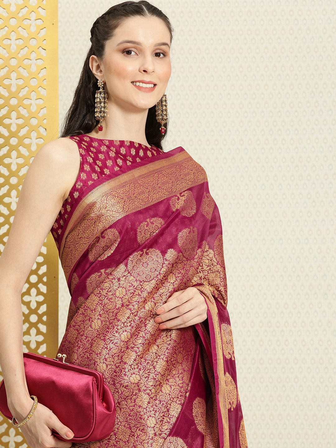 

House of Pataudi Magenta & Golden Ethnic Motif Zari Organza Banarasi Saree