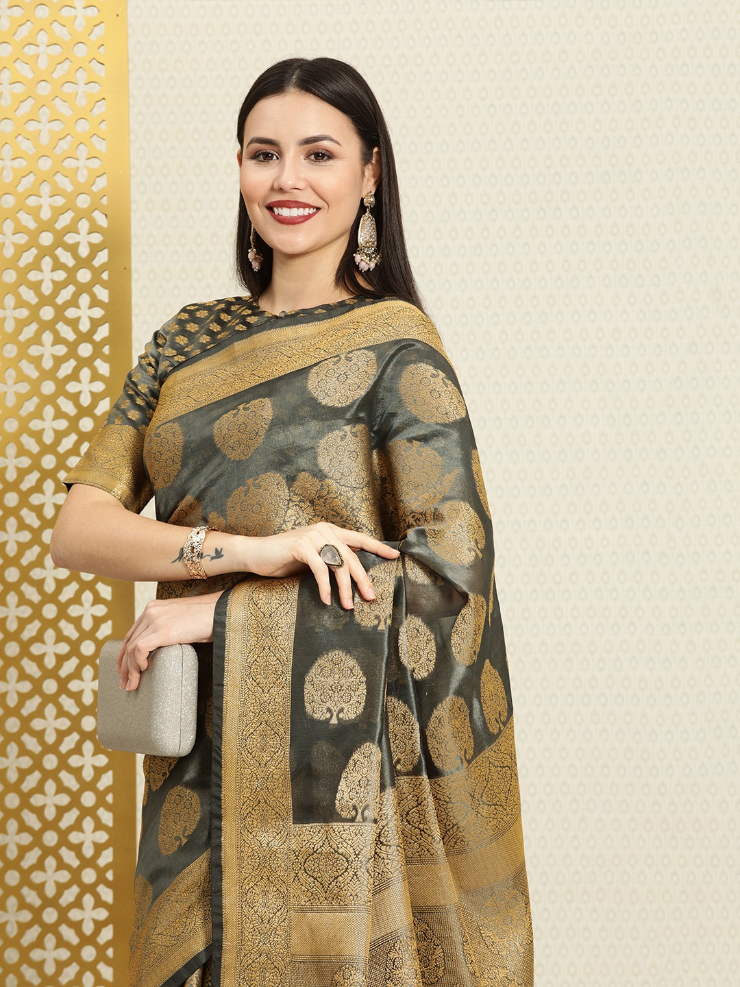 

House of Pataudi Grey & Gold-Toned Ethnic Motifs Zari Organza Banarasi Saree
